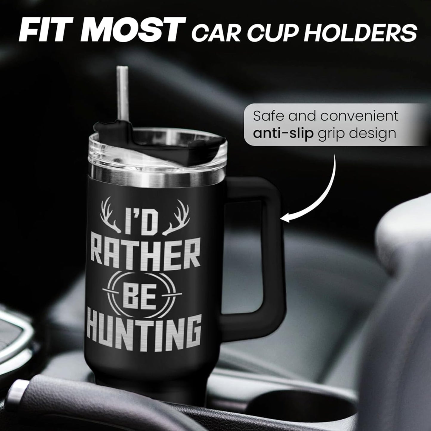SANDJEST I'd Rather Be Hunting Tumbler with Handle for Men 40oz, Hunter Gifts for Dad Grandpa Husband Boyfriend, Hunters Stainless Steel Coffee Cup, Gifts for Birthday Christmas Fathers Day