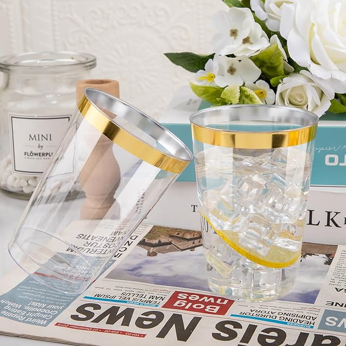 I00000 200 Pack 12 oz Gold Plastic Cups, Clear Disposable Cups, Disposable Plastic Wine Glasses Cocktail Glasses Premium Cups with Gold Rim, 12 Ounce Tumblers for Party & Wedding - Bloomnest