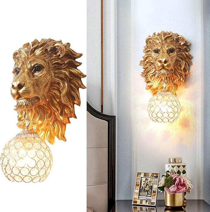 Gold Wall Sconce Baroque Style Crystal Wall Sconces Resin Lion Head Design Luxury Glass Wall Mount Light Fixture Indoor Vintage Sconces Wall Lighting for Living Room Hallway Stairway Bedroom - Bloomnest