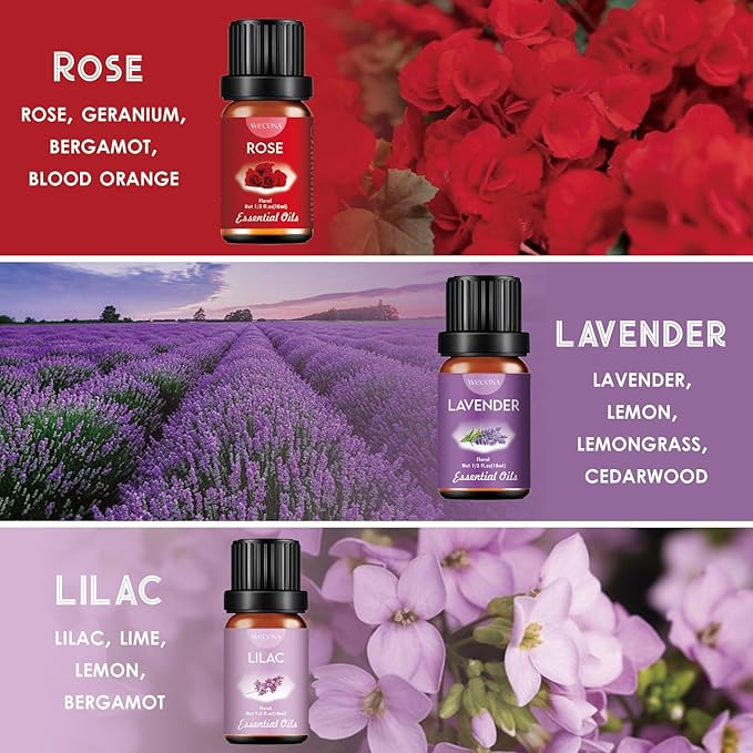 Floral Essential Oils Set for Diffusers & Candle Making - 6x10ml Natural Botanical Blends with Rose, Lavender, Lilac, Jasmine, Gardenia, Cherry Blossom Scents - Bloomnest