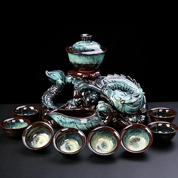 Chinese Gongfu Tea Set Ceramic Teapot with Infuser, 8 Cups, Semi Automatic Dragon Design for Loose Leaf Tea
