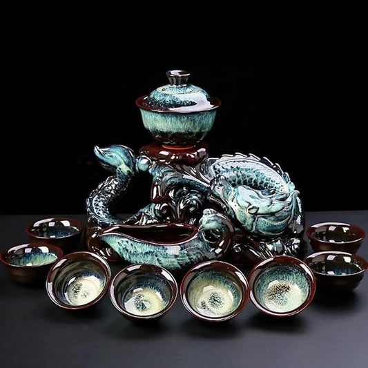 Chinese Gongfu Tea Set Ceramic Teapot with Infuser, 8 Cups, Semi Automatic Dragon Design for Loose Leaf Tea
