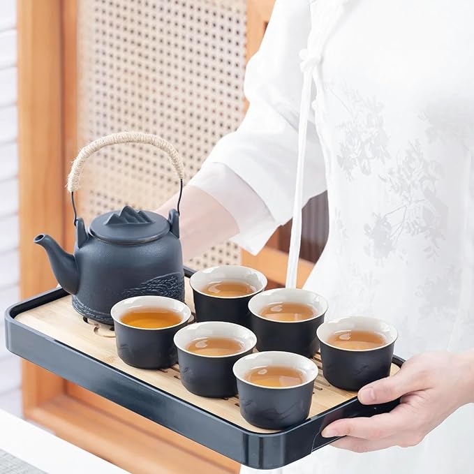 ICHAG Chinese Tea Set, Japanese Tea Sets for Adults, 15-Piece Porcelain Gongfu Tea Set with Tea Pet & Tea Tray, Japanese Teapot Set, Travel Tea Party Set, for Home/Office/Outdoor/Gifts (Black) - Bloomnest
