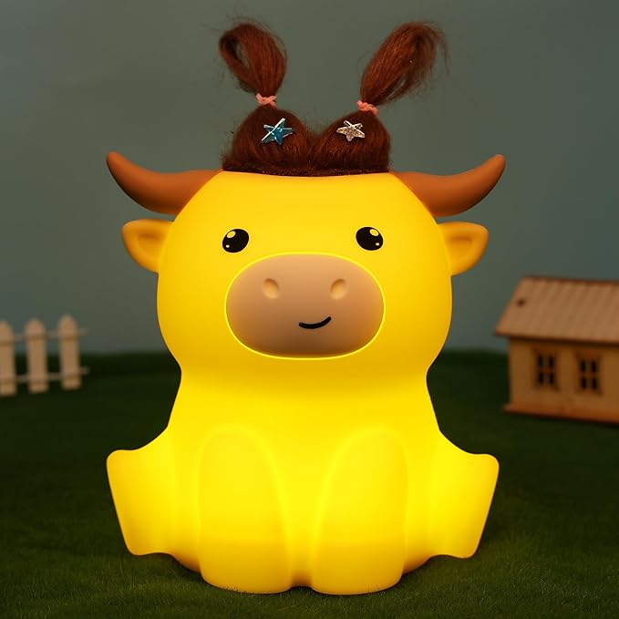 Highland Cow Night Light, Fluffy Cow Squisy Lamp for Kids, Soft Silicone Animal Nightlamp with 2 Levels Dimmable & 20 Mins Timer, Rechargeable LED Light Gifts for Baby Boys Girls - Bloomnest