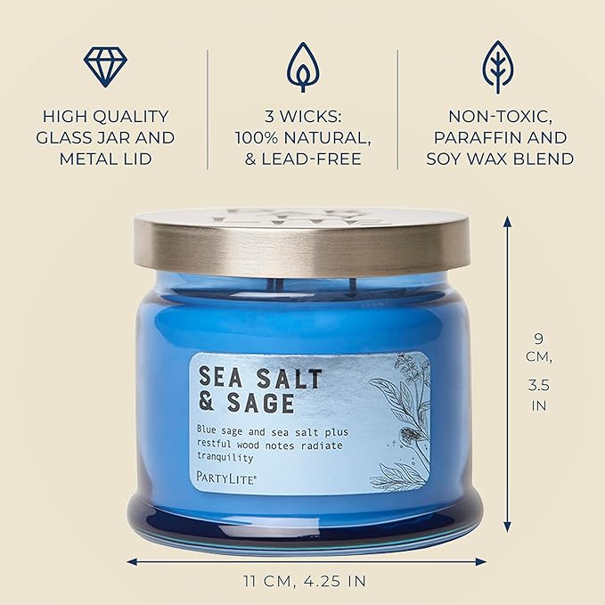 PartyLite Sea Salt & Sage Scented, Notes of Salted Air, Sea-Soaked Sage, Driftwood, Coconut and Sandalwood, 13.2oz 3-Wick Jar Candle, 45 Hour Burn Time, Luxurious Fragrance, Perfect for Gifting - Bloomnest