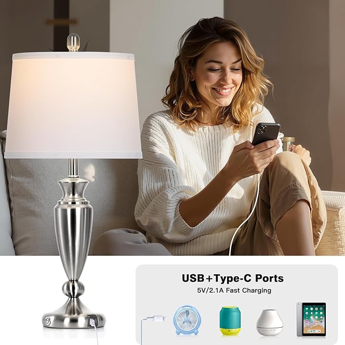 27" Silver Table Lamps for Living Room Single, 3 Way Touch Control Bedside Lamps with USB A+C Ports, Modern Brushed Nickel Bedroom Lamp, Metal Tall Lamp for Nightstand Desk Side Table Office - Bloomnest