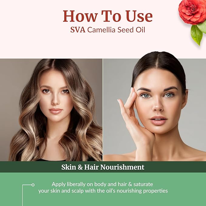SVA Camellia Seed Oil Organic - 4 Fl Oz – 100% Natural Cold Pressed Organic Camellia Oil - for Face, Skin Care, Hair Care, Scalp Massage & Body Massage – Carrier Oil with Dropper - Bloomnest