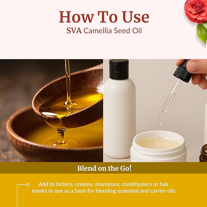 SVA Camellia Seed Oil Organic - 4 Fl Oz – 100% Natural Cold Pressed Organic Camellia Oil - for Face, Skin Care, Hair Care, Scalp Massage & Body Massage – Carrier Oil with Dropper - Bloomnest