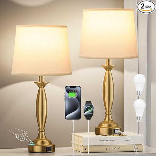 White Gold Lamps for Bedrooms Set of 2 - Touch Control Bedside Lamp with USB C+A, 3 Way Dimmable Nightstand Lamps with USB Port, Table Lamp for Living Room(White Shade and Gold Base) - Bloomnest