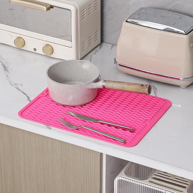 Silicone Dish Drying Mat for Multiple Usage,Easy clean,Eco-friendly,Heat-resistant Silicone Mat for Kitchen Counter or Sink,Refrigerator or drawer liner Rose L 16 inches x 12 inches - Bloomnest