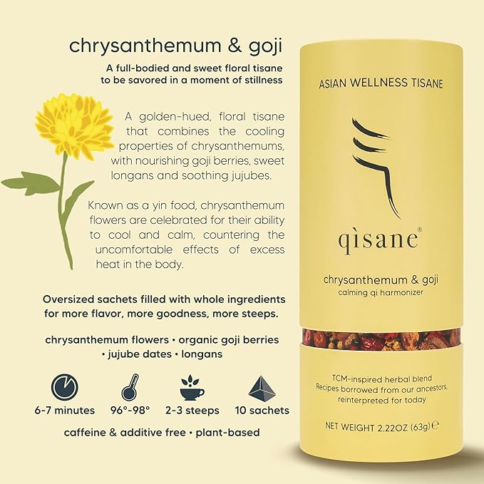 qìsane Chrysanthemum Tea Bags with Organic Dried Goji Berries - Dried Chrysanthemum Flowers, Dried Longan Fruit & Jujube Dates - Herbal Tea to Support Calmness & Well-Being - 10 sachets (~30 cups) - Bloomnest