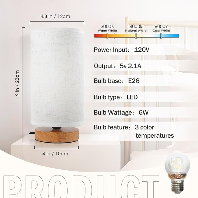 Minimalist Dimmable Nightstand Lamp with Round Fabric Linen Shade, 3 Color Temperatures, Desk & Bedside Lamp for Study, Living Room, Bedroom, Office, Dorm - Bloomnest