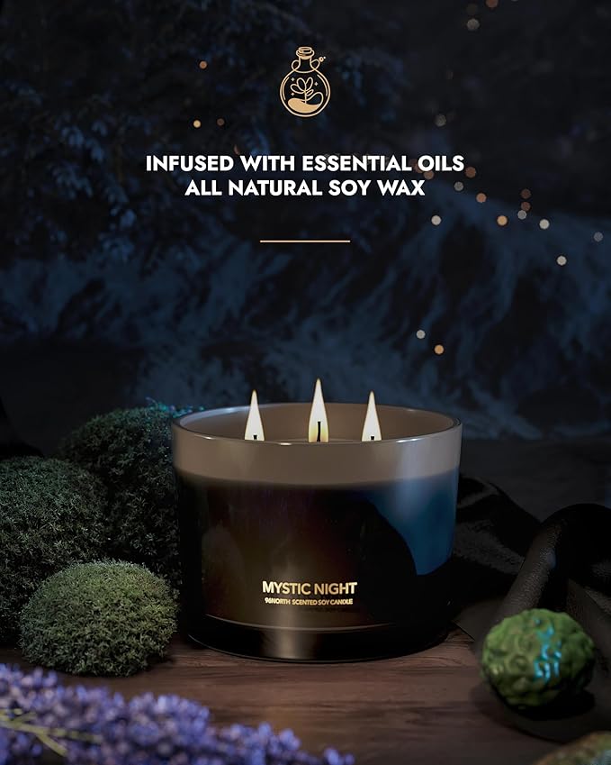 96NORTH Luxury Black Candle | Large 3-Wick Jar Candle | Up to 40 Hours Burning Time | 100% Natural Soy Wax | Relaxing Aromatherapy Aesthetic Candle | Housewarming Gift for Men and Women - Bloomnest