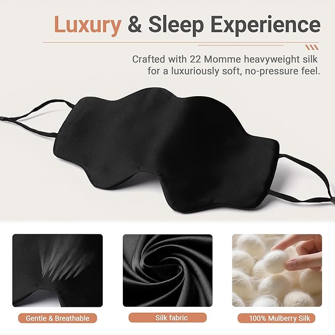 Black Natural Silk Eye Mask for Men & Women, Cloud-Shaped Lightweight Adjustable Hanging-Ear Design (8 Inches), Total Blackout Blindfold Gift Set for Travel by Timeless Artworks