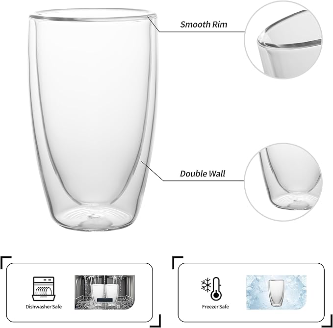 NIRA.Z 2 Pack16oz Double Wall Glass Coffee Mugs, No Hole Bottom, Insulated Borosilicate Glass Coffee Cups, Clear Mugs for Hot & Cold Beverages, Perfect for Espresso, Latte, Tea, Cappuccino - Bloomnest