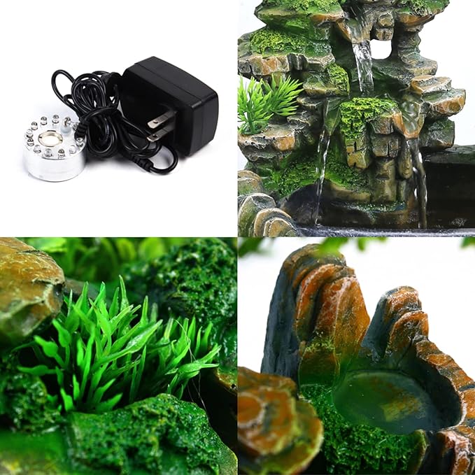 Desktop Fountain Waterfall with Light Rockery Fountain Zen Meditation Plants Stones LED Lamp Indoor Feature with Automatic Pump Relaxation Resin Planter for Office Decoration - Bloomnest
