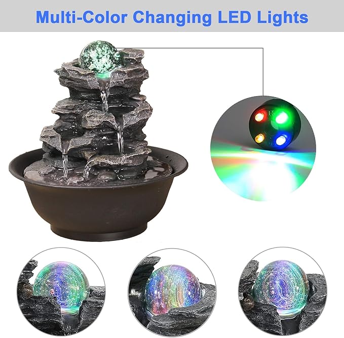 Indoor Tabletop Water Fountain, Resin Meditation Fountain with Color LED Light, Indoor Waterfall Feature for Home Office Decor (E) - Bloomnest