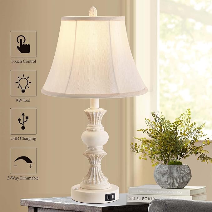 Touch Control Table Lamp Set of 2, 3-Way Dimmable Bedside Lamp with 2 USB Charging Ports, French Country Style Nightstand Lamps with Faux Silk Shade for Living Room, Bedroom - Antique White - Bloomnest