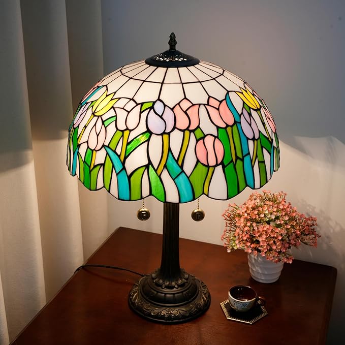 Tiffany Lamp Pink Yellow Tulips Stained Glass Table Lamp 16 inch Large Desk Light Antique Beside Reading Lamp for Home Living Room Bedroom Office - Bloomnest