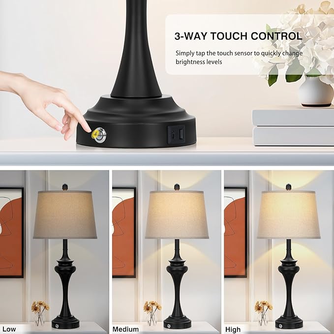 30" Black Tall Table Lamps for Living Room, Touch Control Bedside Lamp with USB A+C Ports, 3-Way Modern Bedroom Table Lamps Set of 2, Elegant Metal Lamp for Nightstand Desk Side Table Office - Bloomnest