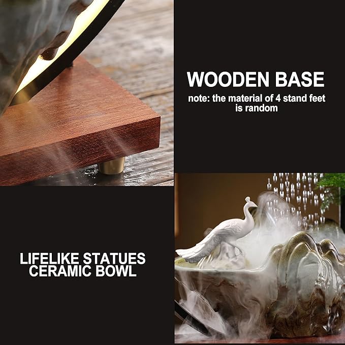 Peacock Tabletop Indoor Waterfall Fountain with Light - Backflow Incense Burner, Ceramic Zen Decor for Home Office Yoga Meditation - Bloomnest