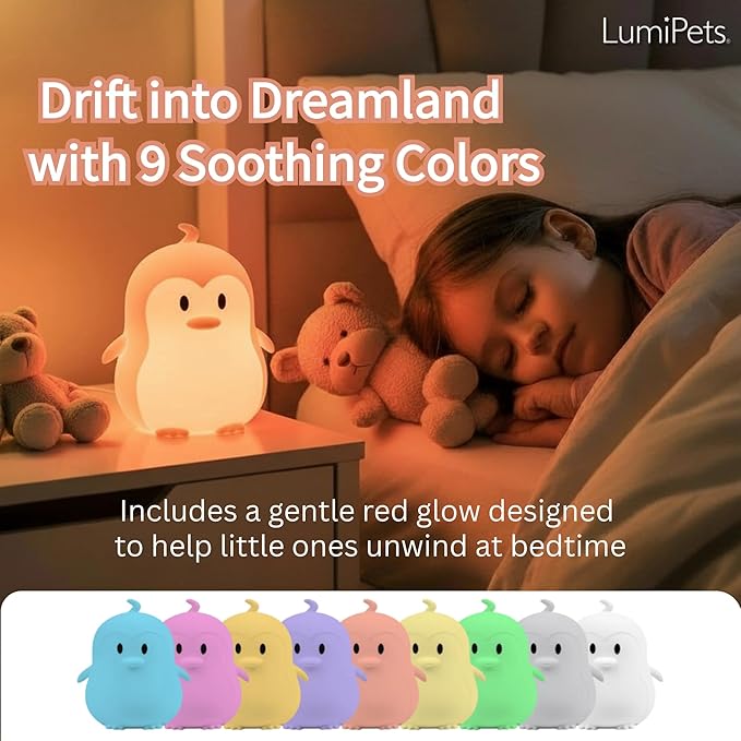 Lumipets Remote Control Silicone Night Light for Kids - Penguin Design with 9 Soft Colors & Sleep Timer - Rechargeable, Battery-Operated Lamp for Bedroom | Baby Nursery, Toddler, Girls, Boys - Bloomnest