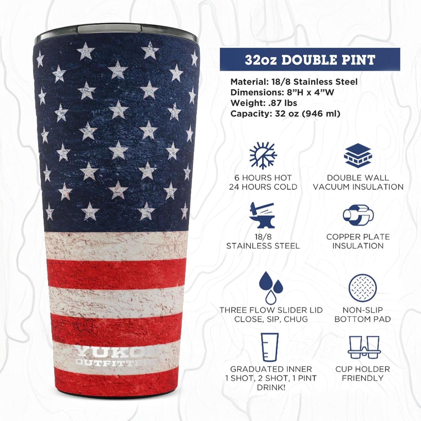Yukon Outfitters 32oz Double Pint Double Wall Vacuum Insulated Stainless Steel Tumbler with Three Flow Lid | For Hot or Cold Beverage | Fits Most Cup Holders, USA Flag