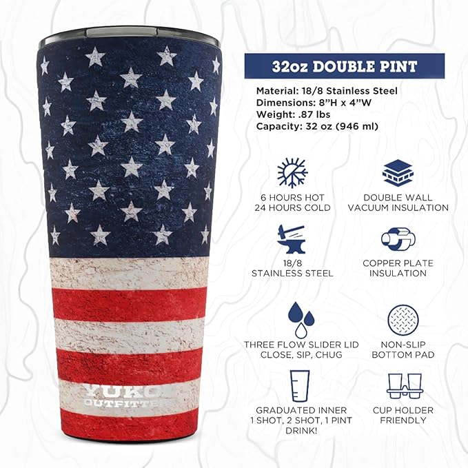 Yukon Outfitters 32oz Double Pint Double Wall Vacuum Insulated Stainless Steel Tumbler with Three Flow Lid | For Hot or Cold Beverage | Fits Most Cup Holders, USA Flag - Bloomnest