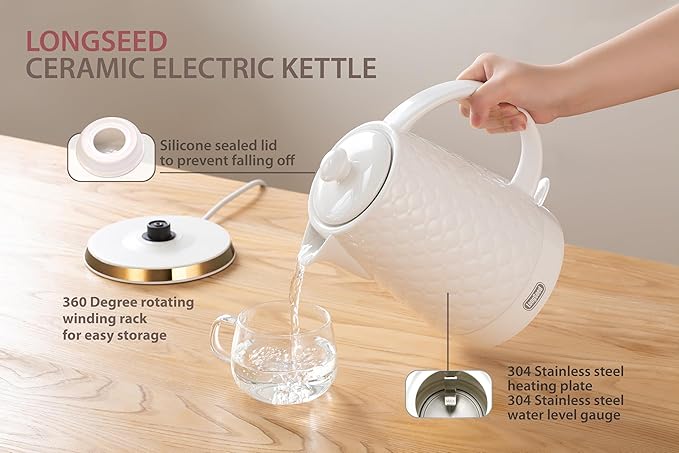 Ceramic Electric Kettle, 1.5L/1200W Boil Water Quickly and Easily with Boil-Dry Protection Auto Shut Off, Detachable Swivel Base, White Relief Carving - Bloomnest
