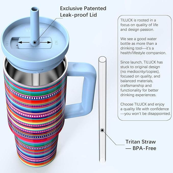 TILUCK 40 oz Tumbler with Handle, Vacuum Insulated Stainless Steel Travel Mug with 100% Leak-Proof Silicone Straw Lid, Cupholder Friendly Water Bottle(RainbowStripes, 40oz) - Bloomnest