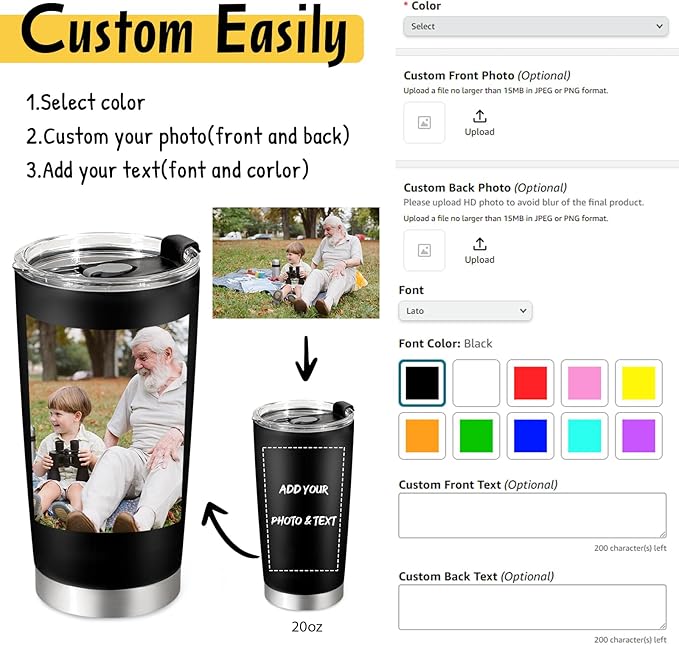 Personalized Tumbler with Pictures Text, Custom Photo Stainless Steel Coffee Tumbler, Coffee Travel Cup Mug 20 Oz Custom Gifts for Fathers Day Christmas Birthday for Dad Mom Kids - Bloomnest