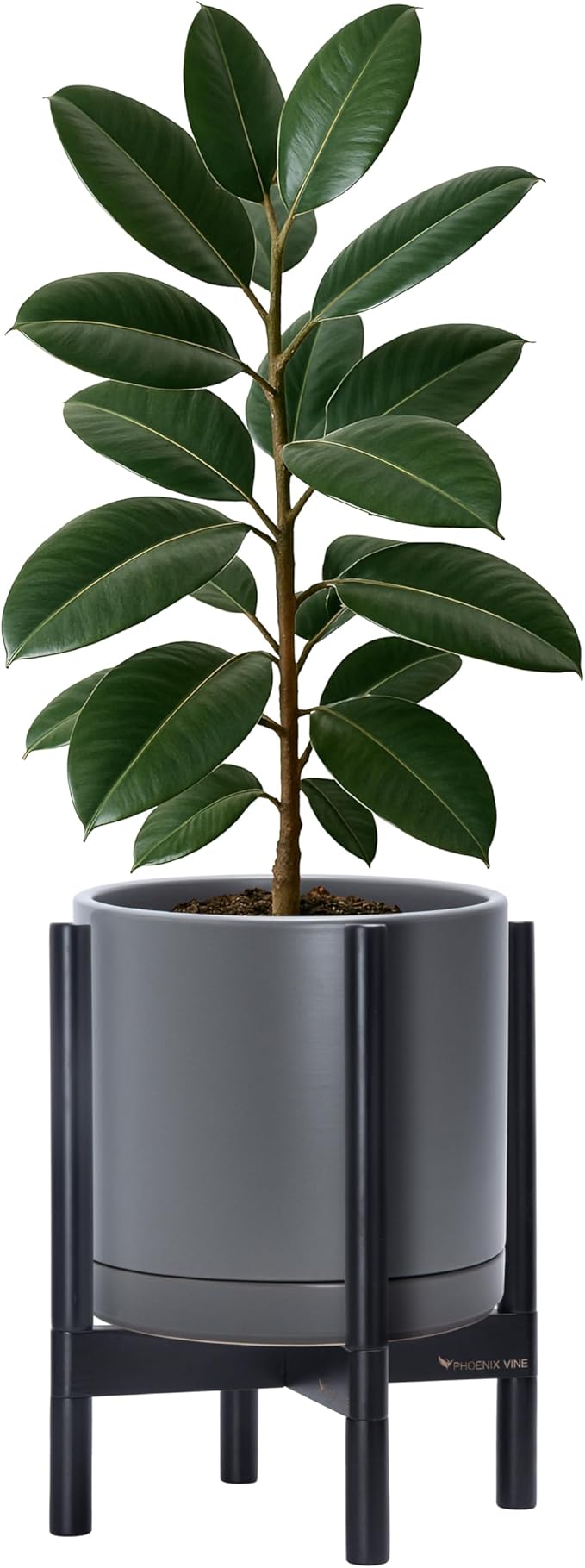 D'vine Dev Ceramic Planter with Ebony Stand - 12 Inch Modern Round Flower Pot with Wood Planter Holder, Grey, 55-B-H-3 - Bloomnest