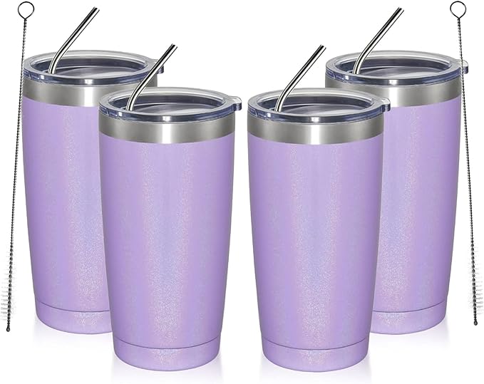 MEWAY 20oz Tumbler 4 Pack Double Wall Vacuum Insulated Travel Glitter Mug Bulk, Stainless Steel Tumblers with Lid and Straw, Powder Coated Coffee Cups for Woman(Rainbow Purple,Set of 4) - Bloomnest