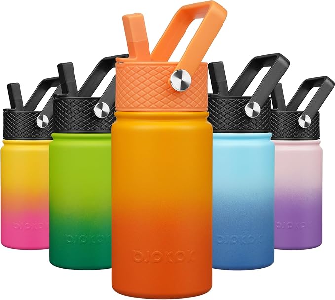 BJPKPK Insulated Water Bottle with Straw Lid, 15oz Cute Water Bottles, Stainless Steel Metal Thermo, Reusable BPA Free Leak Proof Tumblers, Cups,Sunset Orange - Bloomnest