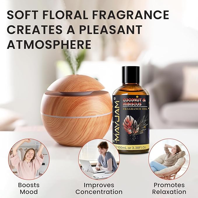 Coconut & Hibiscus Fragrance Oil Essential Oil, MAYJAM 3.38FL.OZ Coconut & Hibiscus Oil for Diffusers for Home, Long Lasting Scented Oils for Soap Candle Making - 100ML MAYJAM