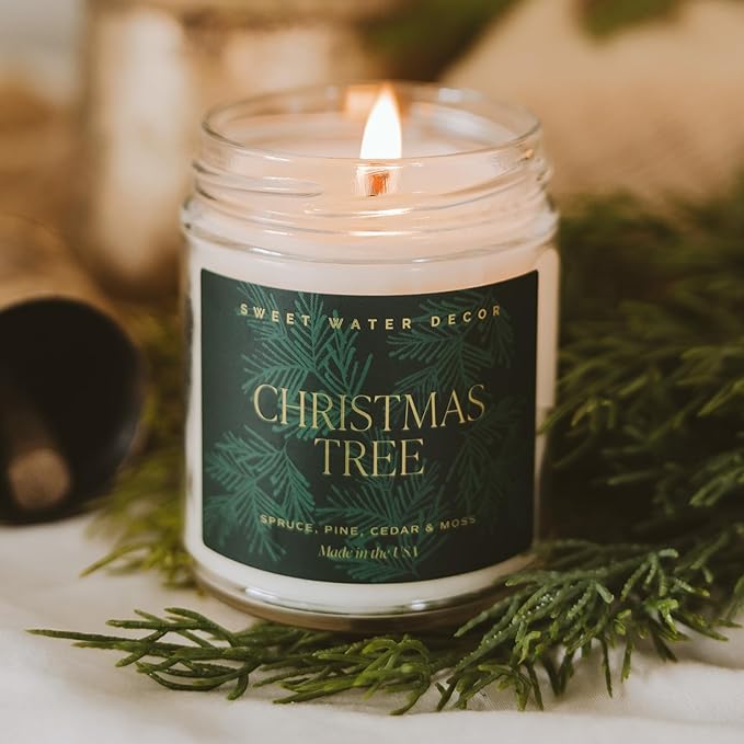Sweet Water Decor Christmas Tree Candle - Spruce, Pine Needles and Evergreen Candles Scented Soy Candles for Home - Christmas Candle Gold Foil Pattern 9oz Clear Jar, 40 Hour Burn Time, Made in the USA - Bloomnest
