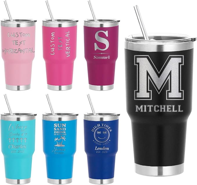 Personalized Tumbler - Laser Engraved with Name Logo,30oz Custom Travel Coffee Tumbler Mugs Personalized Cups with Lids and Straws | 17 Colors & 16 Designs Text Gifts for Women Men - Bloomnest