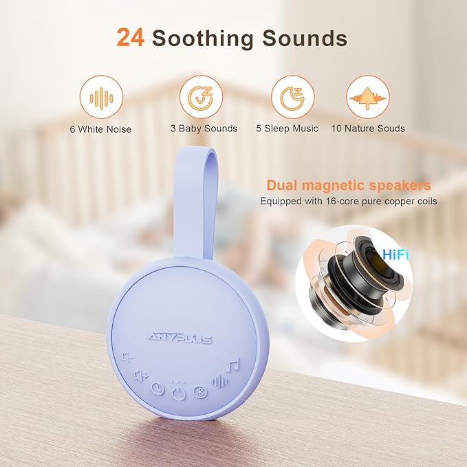 White Noise Machine for Sleeping Adults & Baby, Portable Sound Machine with 24 Soothing Sounds, Bluetooth 5.1, Battery Powered, 3 Timer Settings, Memory Function for Home, Office, Travel (Purple)