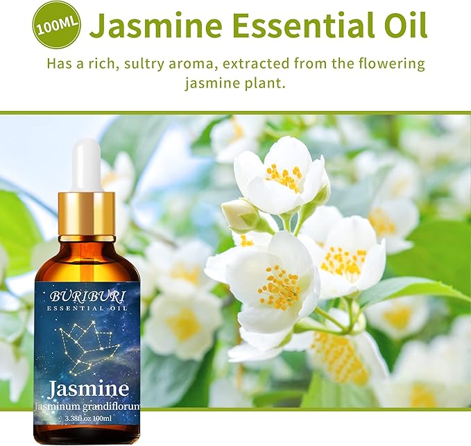 BURIBURI Jasmine Essential Oil 100% Pure Undiluted Aromatherapy Jasmine Oil 100ML/3.38fl.oz for Soap, Candle Making, Massage, Diffuser, Humidifier - Bloomnest