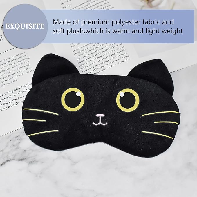 Cute Sleep Masks Cartoon Animal Cat Eye Mask Plush Sleeping Mask & Travel Blindfold - Funny Kitten Eye Shade for Kids, Girls & Adults (Black Cat-2) - Bloomnest