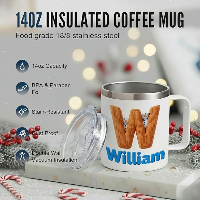 Personalized Christmas Insulated Mug w/Handle, Custom Initial & Name Elf Design, Stainless Steel Tumbler for Hot/Cold Drinks, Unique Holiday Gift for Men, Women, Kids (B123) - Bloomnest
