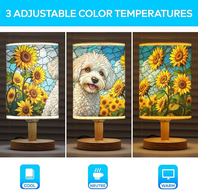 Bichon Frise Table Lamp LED 3-Color Pressed Bedside, Dog Shade Lamp with Wood Base for Bedroom Living Room Desk Office - Bloomnest