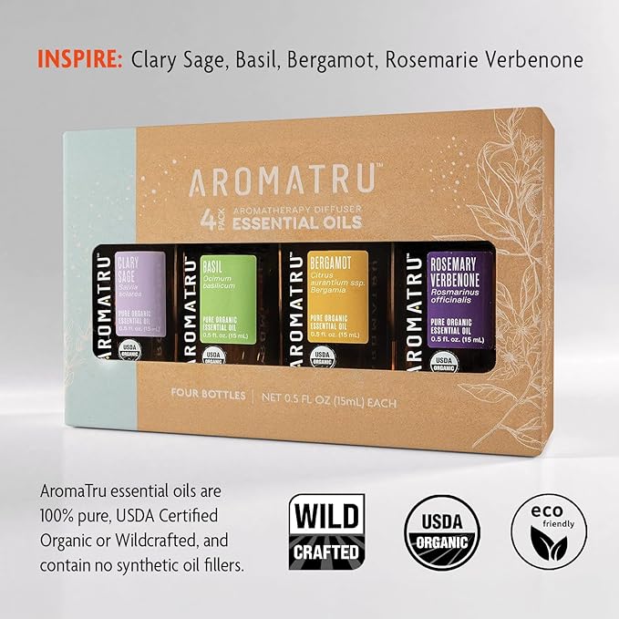 Inspire Essential Oil Kit – Clary Sage, Basil, Bergamot, and Rosemary Verbenone – Organic & Wildcrafted – ISO Certified – No Synthetic Fillers – Ethically Sourced - Bloomnest