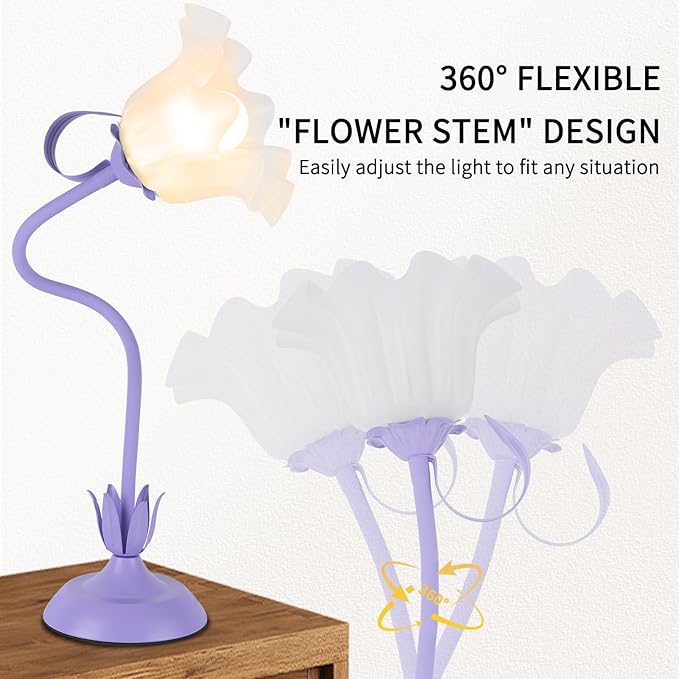 Cute Flower Desk Lamp, 3 Color Temperature Table Lamp with LED Bulb, Vintage Bedside Lamps, Reading Lamps with Soft Light for Bedroom, Living Room（Purple） - Bloomnest