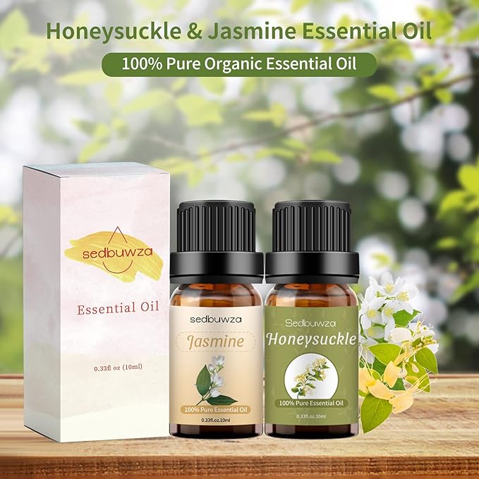 Sedbuwza Jasmine Honeysuckle Essential Oil Set, Jasmine Fragrance Oil Honeysuckle Scent Oil Set for Diffuser, Aromatherapy, Massage, Soap, Candle Making 2 x 10 ml Sedbuwza