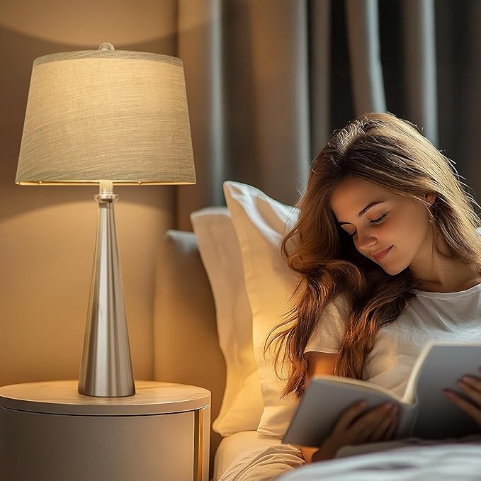 Oneach 25.75" Table Lamps Set of 2 for Living Room Bedroom, Bedside Lamp 3-Way Dimmable Touch Control, Modern Silver Nightstand Light Fabric Shade Vintage Accent Style - Bloomnest