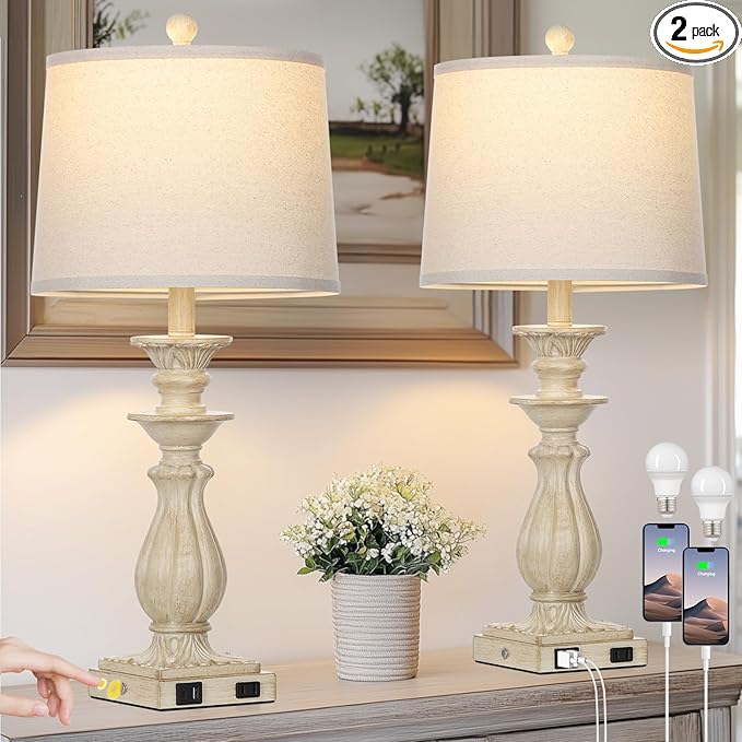 28" Farmhouse Table Lamps Set of 2 for Living Room, 3 Way Dimmable Bedside Lamp with USB C+A Ports & AC Outlet, Resin Vintage Tall Nightstand Lamps for Bedroom Office Hallway, Beige - Bloomnest