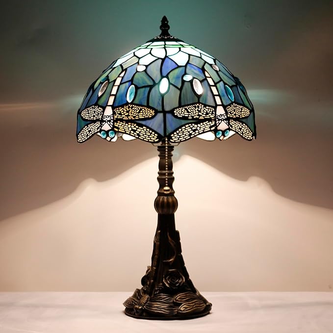 Tiffany Stained Glass Table Lamp 12X12X19 Inch Blue Dragonfly Style Desk Bedroom Living Room Reading Light (Blue Dragonfly) - Bloomnest