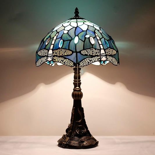 Tiffany Stained Glass Table Lamp 12X12X19 Inch Blue Dragonfly Style Desk Bedroom Living Room Reading Light (Blue Dragonfly) - Bloomnest