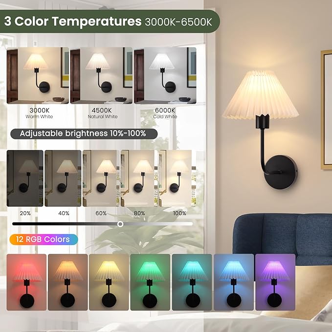 Rechargeable Battery Operated Wall Sconces Sets of 2, 15 Colors Wireless Wall Sconce, Black Wall Lights Fixture with Dimmable Bulbs and Remote, Not Hardwired Wall Mounted Lamps for Bedroom Living Room - Bloomnest